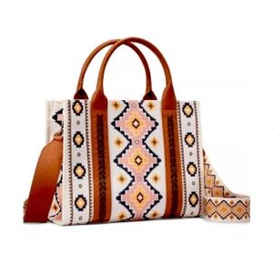 Geometric Patterned Tan and White Tote Bag 10” x 8” x5”